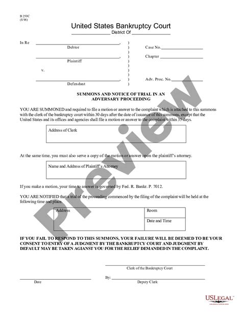 Summons And Notice Of Trial In An Adversary Proceeding 0B 250C