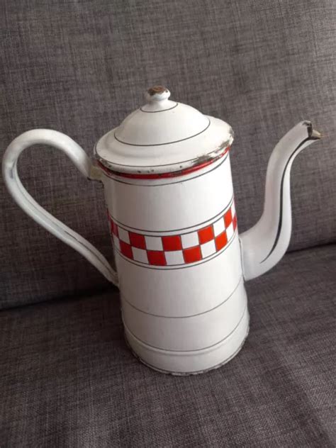 ANCIENNE CAFETIÈRE ÉMAILLÉE damier rouge et blanc EUR 7 99 PicClick FR