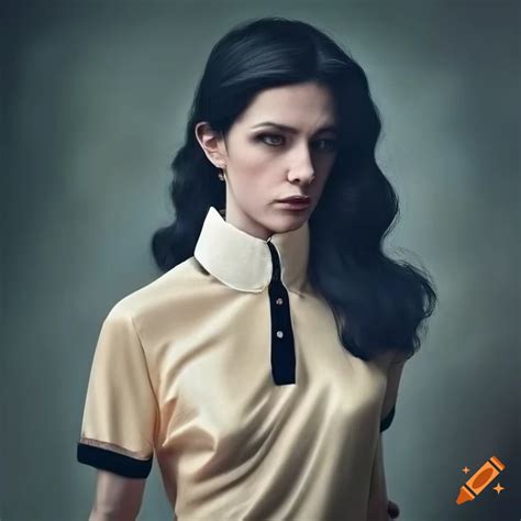 Mature Woman In Cream Silk Polo Shirt In A Vintage Hyperrealistic Portrait