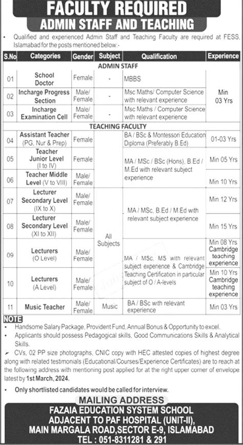 Fazaia Education System School Fess Islamabad Jobs 2024
