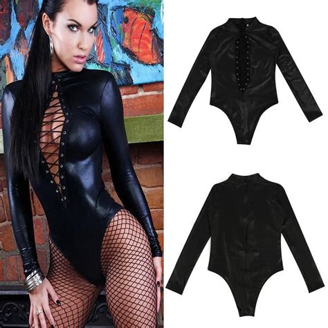 Fashion Womens Pu Leather Pvc Wet Look Bodysuit Catsuit Long Sleeve