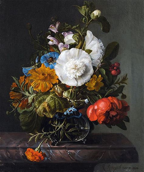 Still Life Of Flowers In A Glass Vase On A Marble Ledge Rachel Ruysch