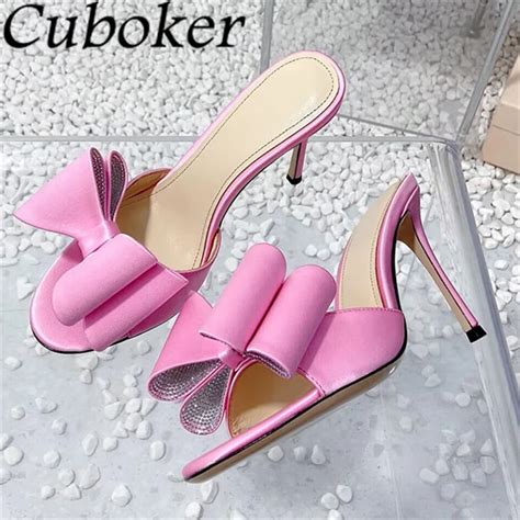 2024 Summer Pink Bowknot Satin Thin High Heel Slippers Women Open Toe Crystal Pumps Mules Sexy