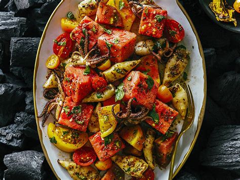 Grilled Calamari Watermelon And Tomato Salad Recipe Sunset Magazine