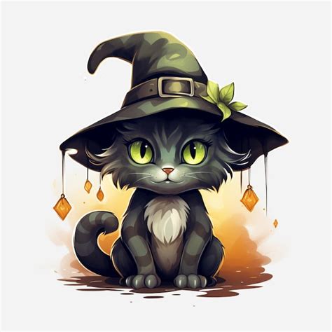 Premium Photo Cartoon Cat Wearing A Witch Hat Sitting On The Ground