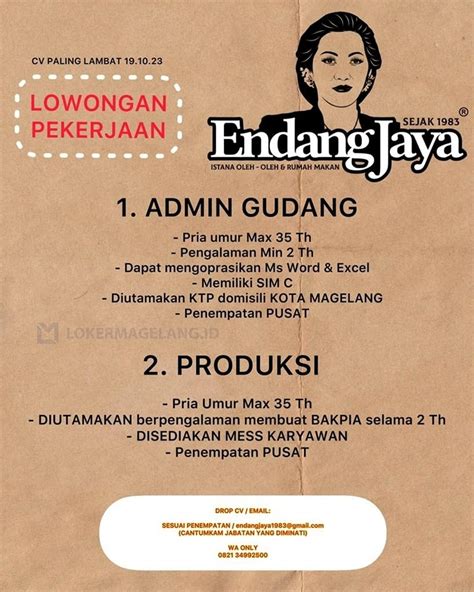 Lowongan Kerja Admin Gudang Produksi Di Endang Jaya Magelang