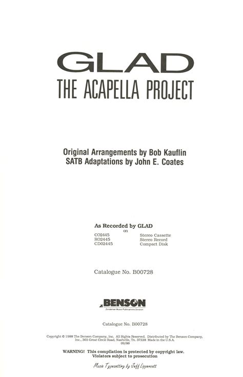 Glad The Acapella Project Vol 1 Songbook Choirchoral Sheet Etsy