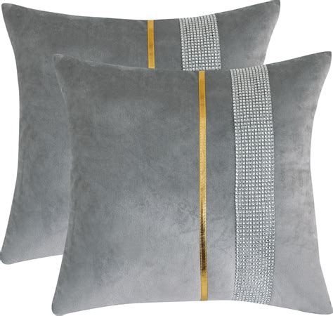 Tosleo Gray Velvet Throw Pillow Covers 18x18 Inch Pack Of 2 With Shining Diamonds