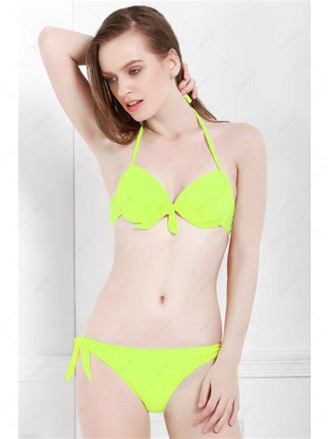 Off Solid Color Self Tie Halter Bikini Set In Neon Green Zaful