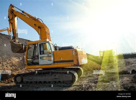 Excavator At Sandpit During Earthmoving Works Stock Photo Alamy