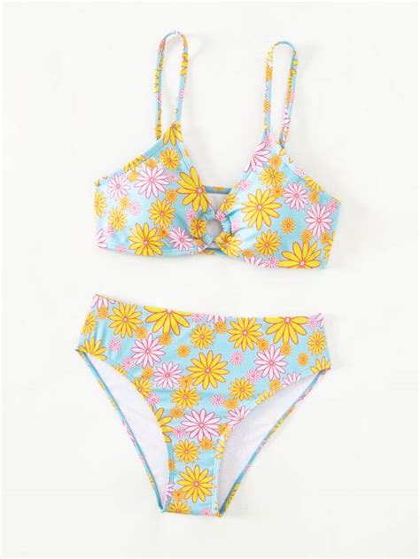 SHEIN Teen Girls Floral Print Ring Linked Bikini Swimsuit SHEIN UK