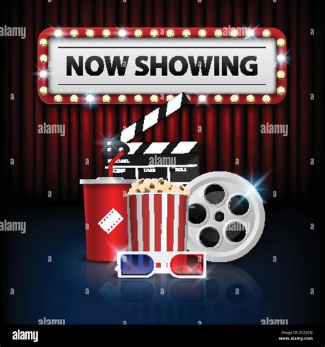 Cinema background concept, movie theater object on red curtain background and now showing with ...