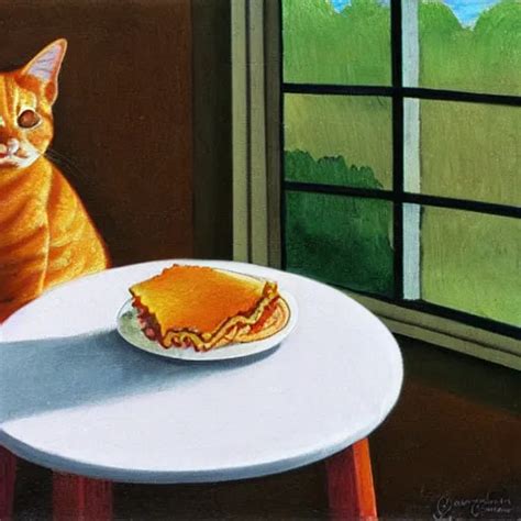 Fat Orange Tabby Cat Eating Lasagna On A Table Stable Diffusion