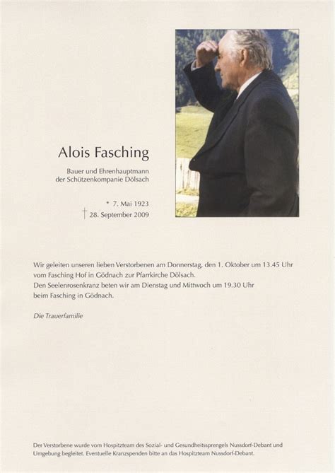 Todesanzeige Alois Fasching Trauer Link