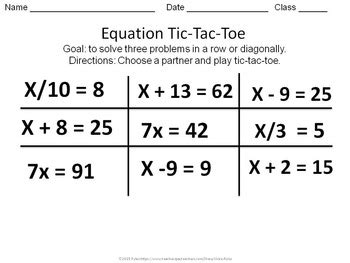 Free Equation Tic Tac Toe Activity By Vicke Pyles Tpt