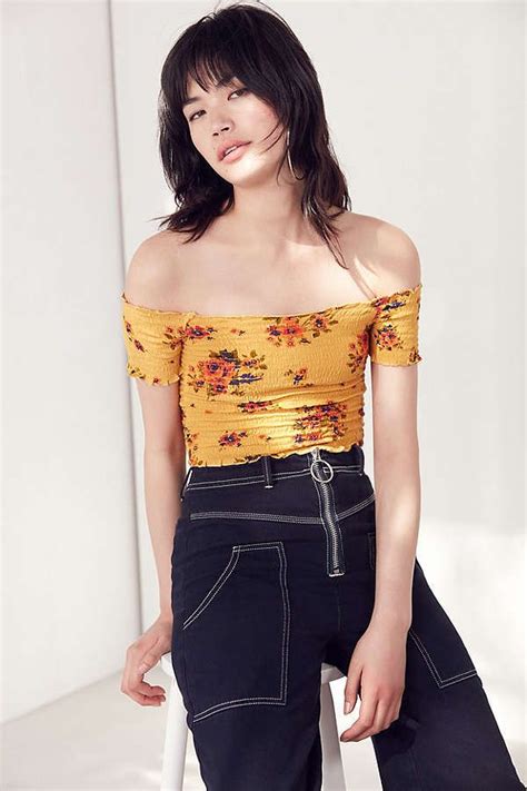 Yellow Ecote Shirred Cropped Bardot Top