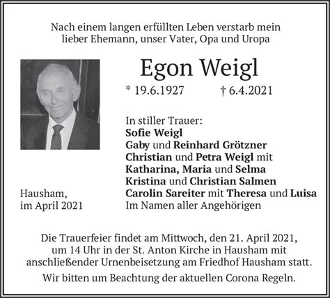 Traueranzeigen Von Egon Weigl Trauer Merkur De