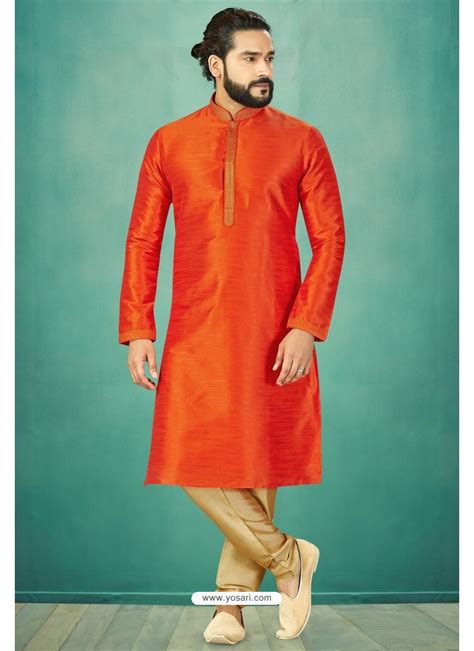 Buy Orange Readymade Banarasi Silk Kurta Pajama For Men Kurta Pajama