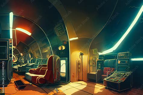 Digital illustration of retro interior of a spaceship. Inside an ...