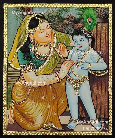 Teak Wood Frame Fine Finish Yashoda Krishna Tanjore Painting For Wall