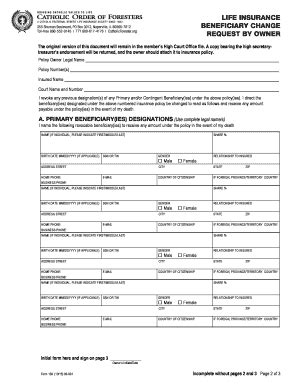 Fillable Online Catholicforester LIFE INSURANCE BENEFICIARY CHANGE