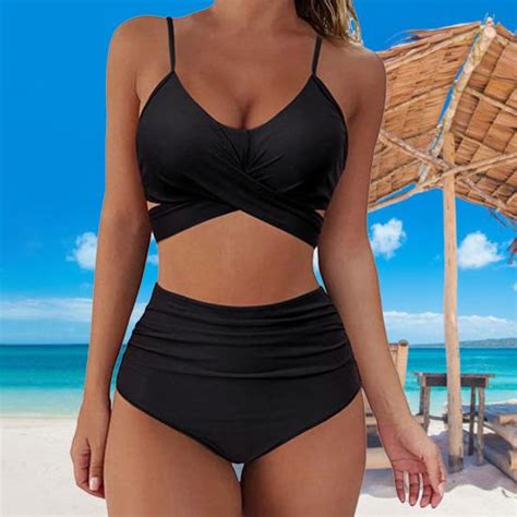 Buy Suspender Split Swimsuit Solid Color High Waist Bikini Set At