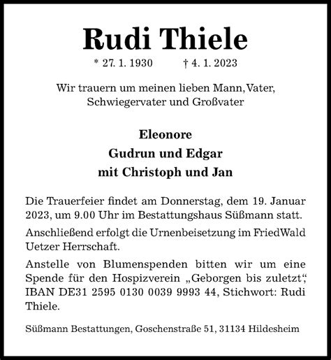 Traueranzeigen Von Rudi Thiele Trauerportal Hildesheimer Allgemeine