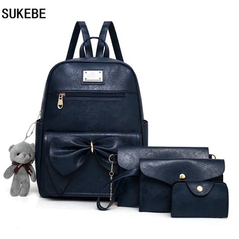 Sukebe Pcs Ensemble Pu Cuir Femmes Sac Dos Filles Solide Paule