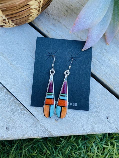 Navajo Multi Stone And Sterling Silver Inlay Dangle Earrings Etsy