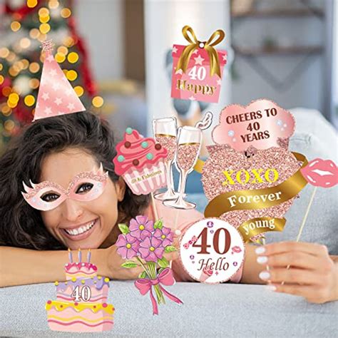 Lmshowowo 40th Birthday Photo Booth Props 33pcs Glitter Rose Gold Party Photobooth Props Funny