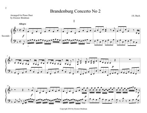 J S Bach Brandenburg Concerto No For Piano Duet Score Eleonor