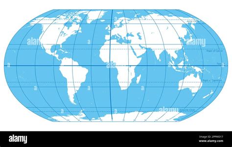 The World, important circles of latitudes and longitudes, political map ...