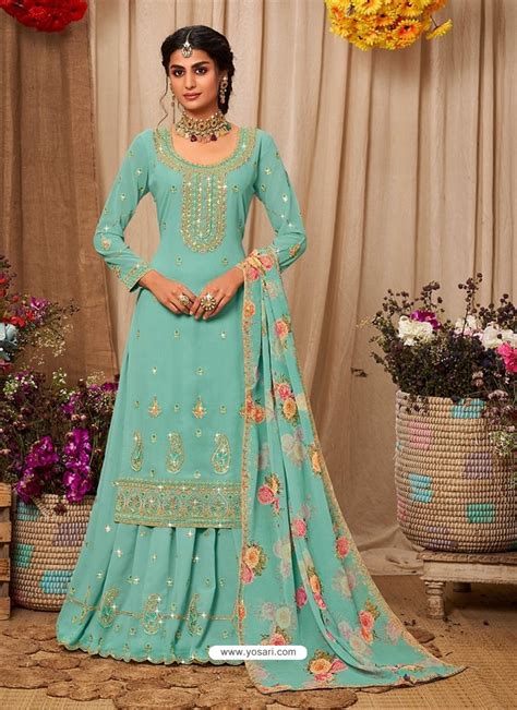 Buy Sky Blue Designer Party Wear Faux Georgette Wedding Suit Wedding