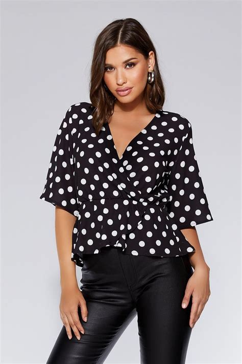 Quiz Black And White Polka Dot Wrap Top Tops Wrap Top Women