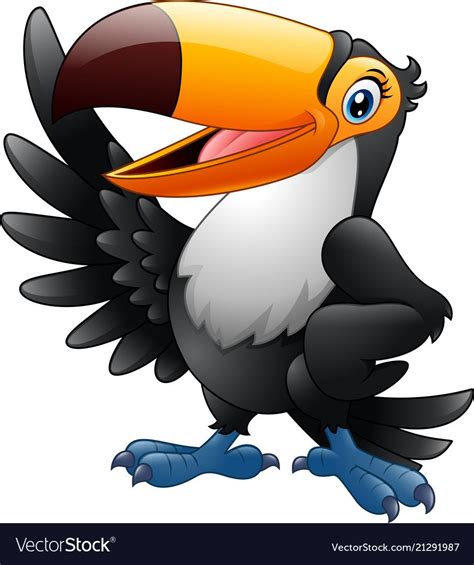 Vector Illustration Of Cartoon Funny Toucan Waving Wing Isolated On