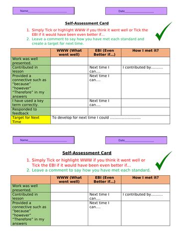 Self Assessment Card Teaching Resources