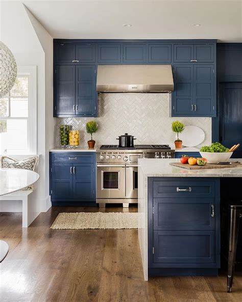 Blue Herringbone Cooktop Backsplash Tiles Transitional Kitchen