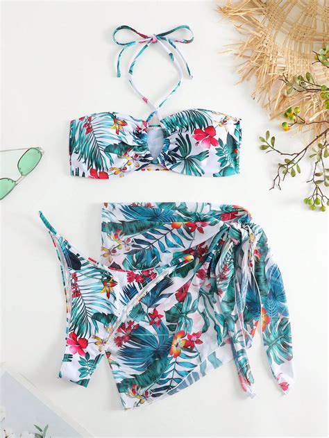 Tropical Print Halter Bikini Swimsuit With Beach Skirt Shein Usa