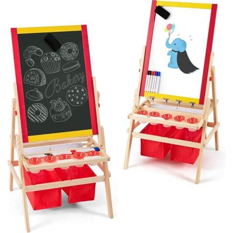 GOPLUS Chevalet Enfants En Bois Double Face 3 En 1 Tableau Noir Blanc