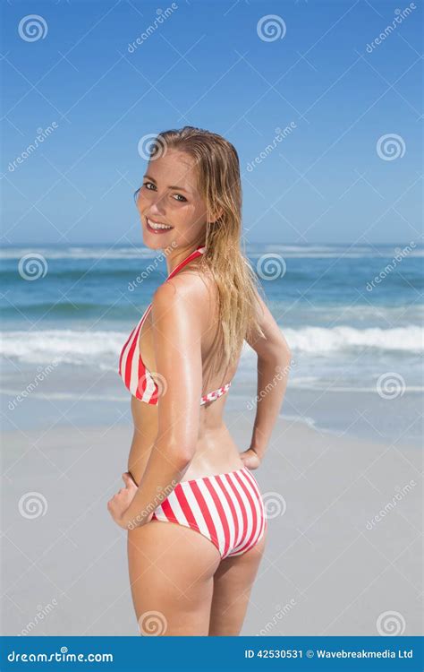 Smiling Fit Woman In Striped Bikini At Beach Stock Image Image Of