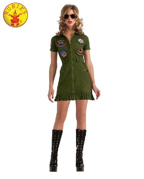 Retro Top Gun Maverick Flight Dress Halloween Costume For Adult Women Army Green American