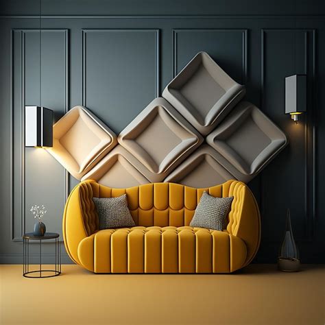 Premium Ai Image A Yellow Couch With Pillows On It In A Room With A