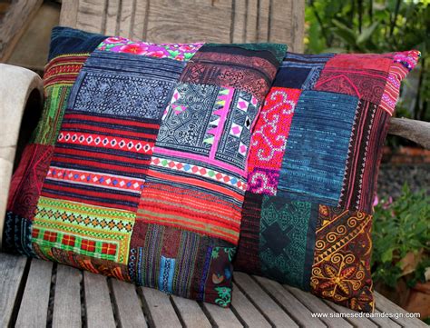 Patchwork Pillow Cushion Cover In Colorful Vintage Hmong Embroidery