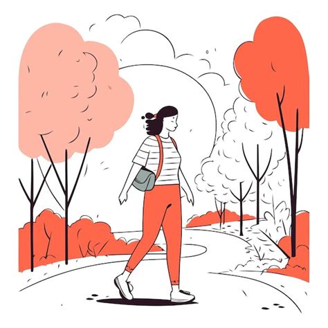 Mujer joven caminando en el parque de otoño al estilo de dibujos