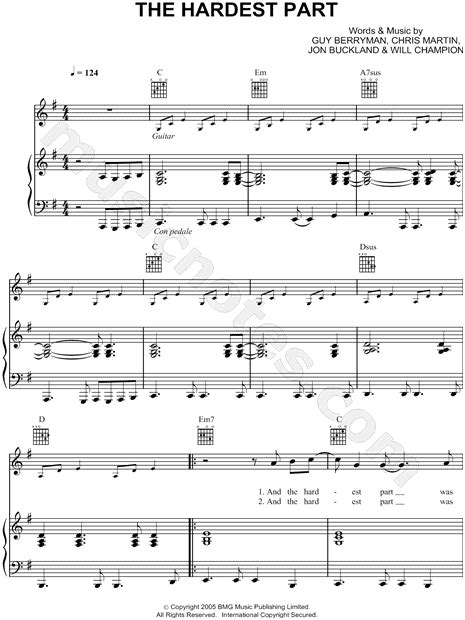 Coldplay The Hardest Part Sheet Music In G Major Transposable