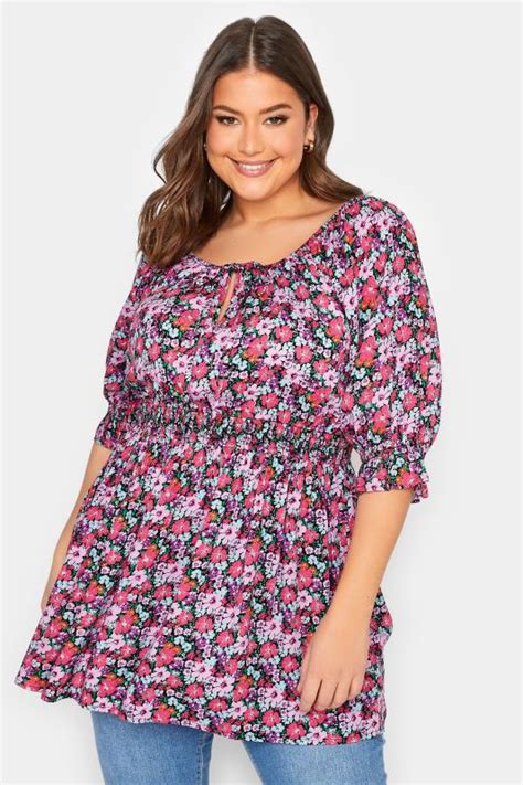 Yours Plus Size Pink Floral Print Shirred Waist Gypsy Top Yours Clothing