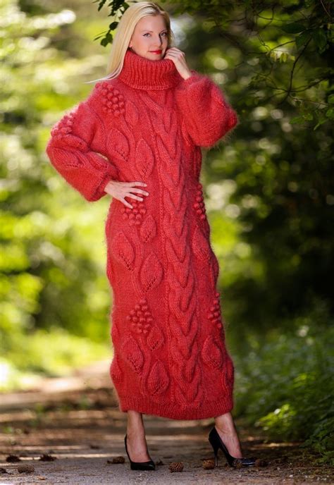 New Hand Cable Knit Mohair Sweater Dress Fuzzy Red Handcrafted Robe