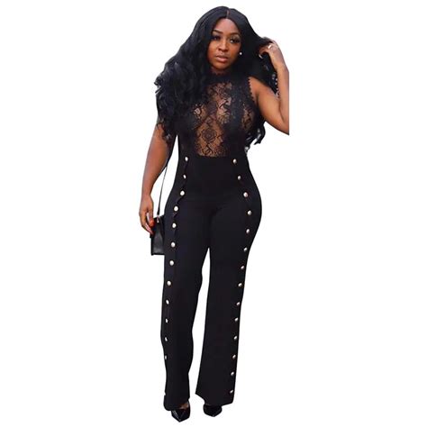 Fashion Elegant Lace Patchwork Button Jumpsuit Women Sexy See Through Sleeveless Rompers Black