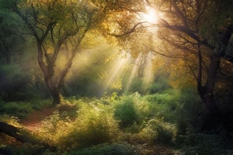 Un bosque con rayos de sol brillando a través de los árboles Foto