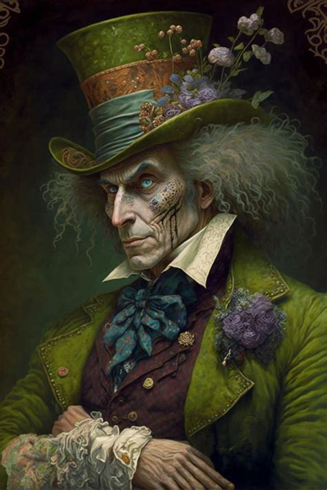 A Painting Of A Man Wearing A Top Hat And Green Coat With Flowers On His Head